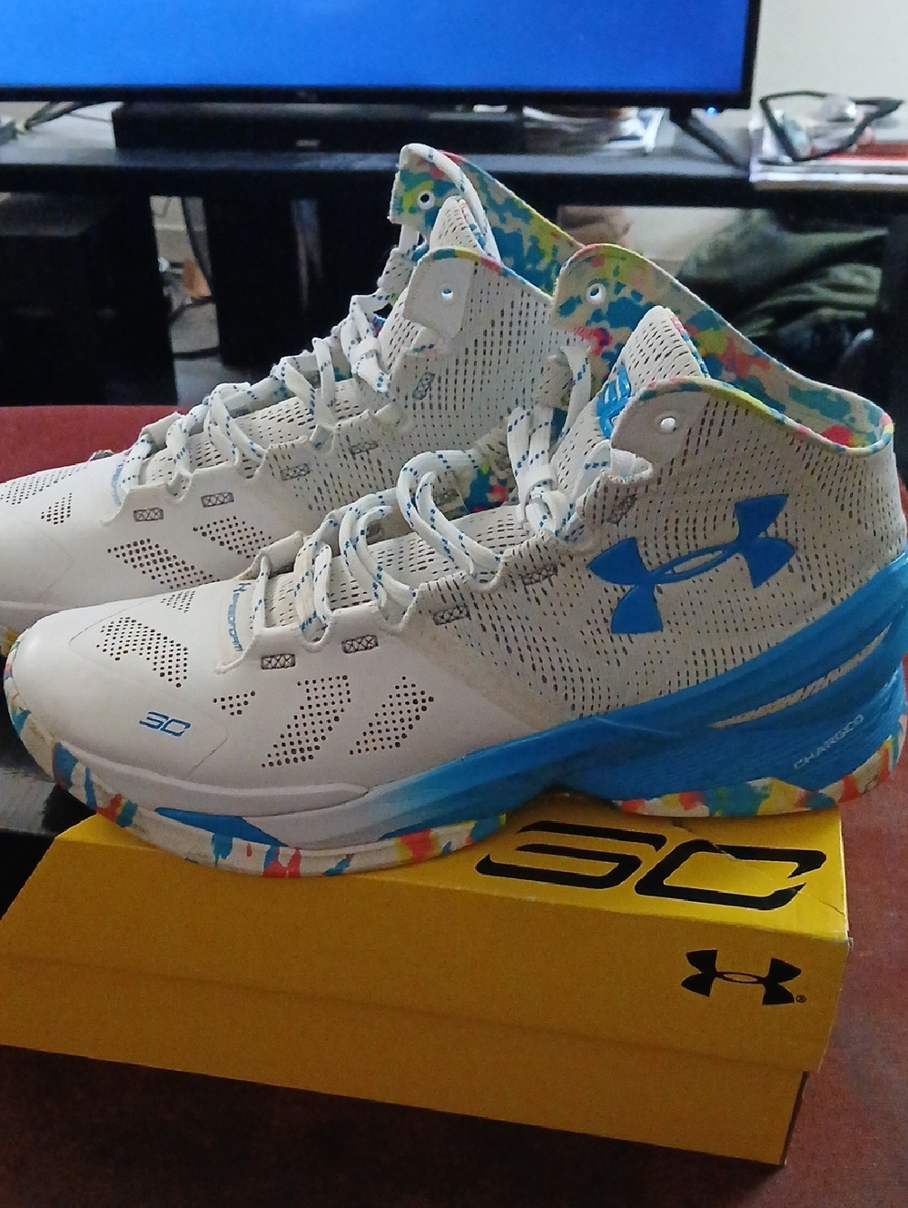Under Armour Kids White & Blue High-Top Sneakers with Multicolor Trim